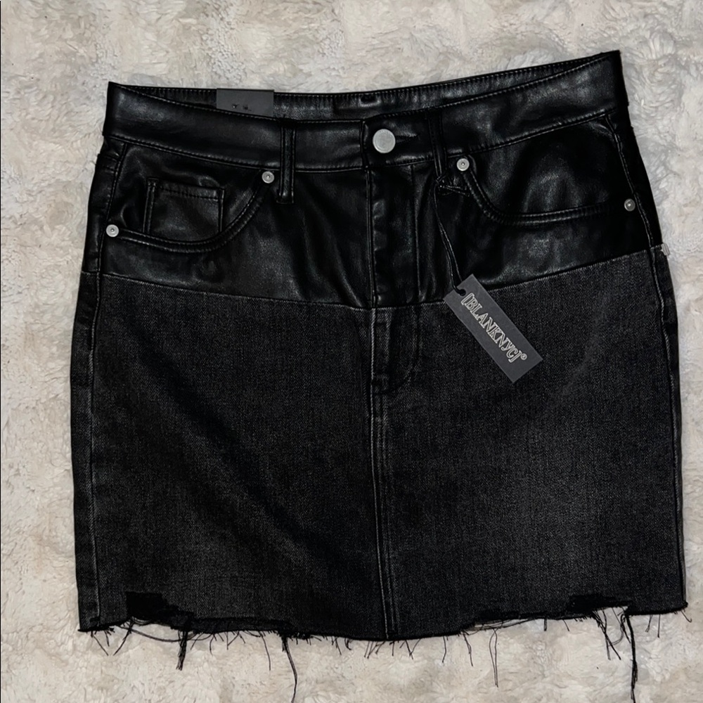 Blank NYC Black Mini Pencil Skirt denim and faux leather mixed media